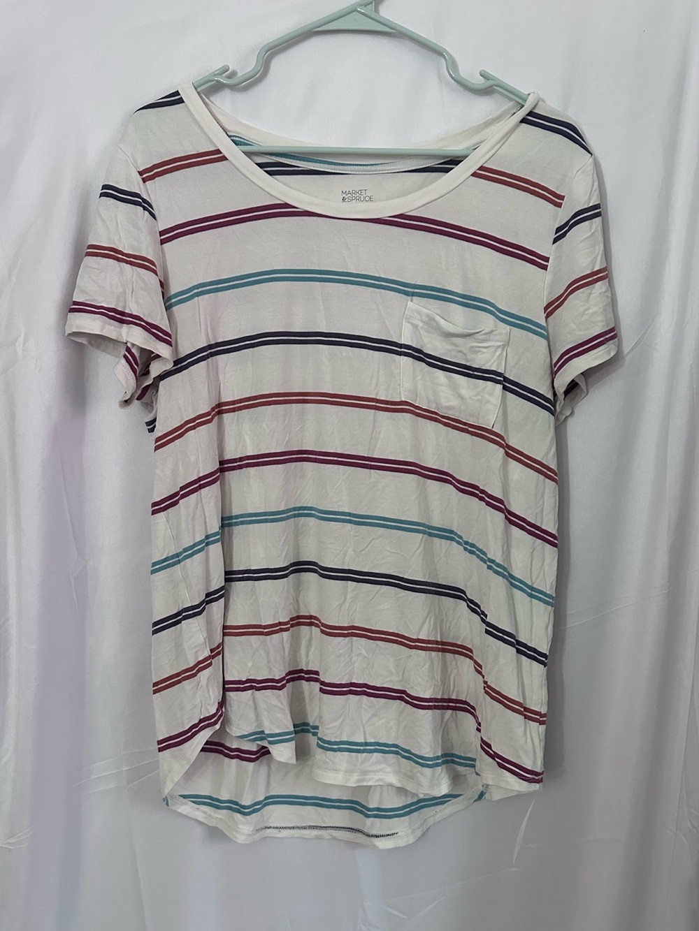 Market & Spruce Cream Striped Pocket Tee with Teal, Navy & Burgundy Accents